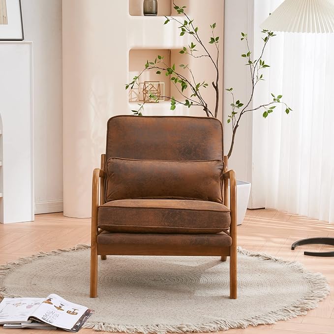 Bonnlo Microfiber Rustic Mid Century Modern Accent Chair, Soild Wood Padding Lounge Armchairs Side Sitting Chairs for Living Room, Bedroom, Guest Room