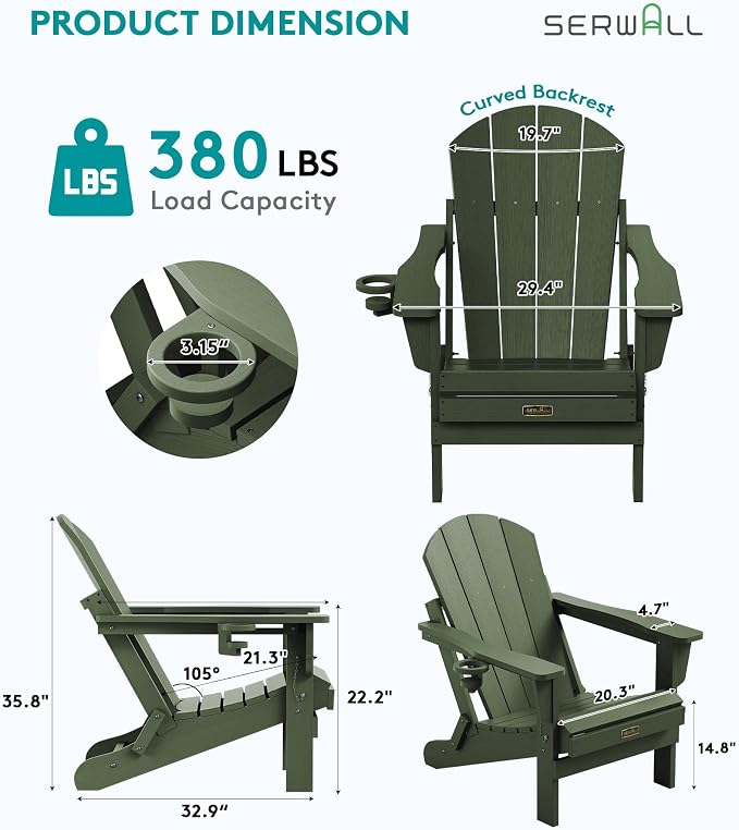 SERWALL Foldable Adirondack Chair with Cup Holder Set of 2 for Patio Garden Outdoors Fire Pit Chairs-Avocadogreen - Image 3