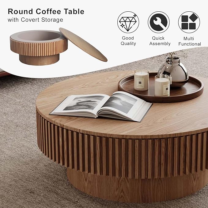 Round Coffee Table with Storage, Modern Wooden Coffee Table with Solid Wood Veneered, Circle Center Table Accent Tea Table for Living Room Apartment Small Space (31.5''L × 31.5''W × 14''H, Natural)