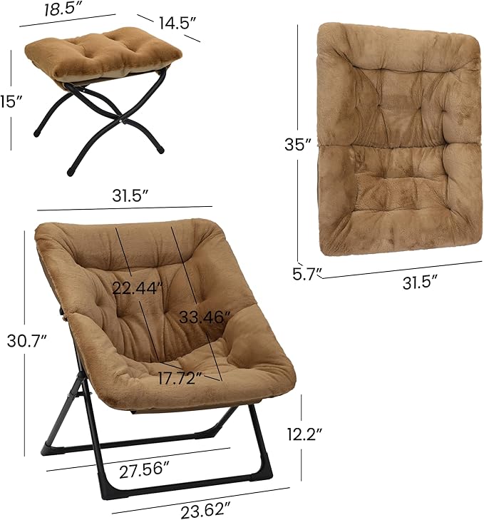 Comfy Saucer Chair for Adults, Soft Faux Fur Bedroom Chair with Ottoman, Accent Dorm Chairs, Living Room Reading Chairs and Footstool, Folding Seat for Teens, X-Large, Brown