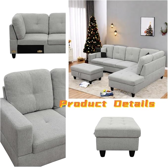 FONTOI L Shaped Sectional Couch with Otttoman, 103" Sectional Sofa for Living Room Flannel Modular Couches with Cup Holders for Bedroom, Apartments, Light Grey