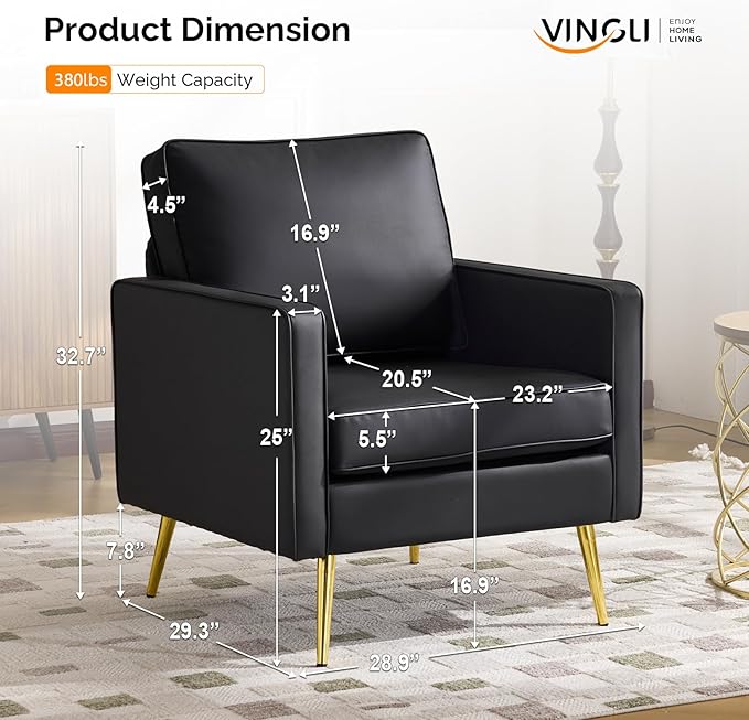 VINGLI Modern PU Leather Accent Chair, Single Sofa Chair with Pocket Coil Seat, Metal Backrest & Solid Wood Frame, Upholstered Armchair for Living Room, Bedroom or Office