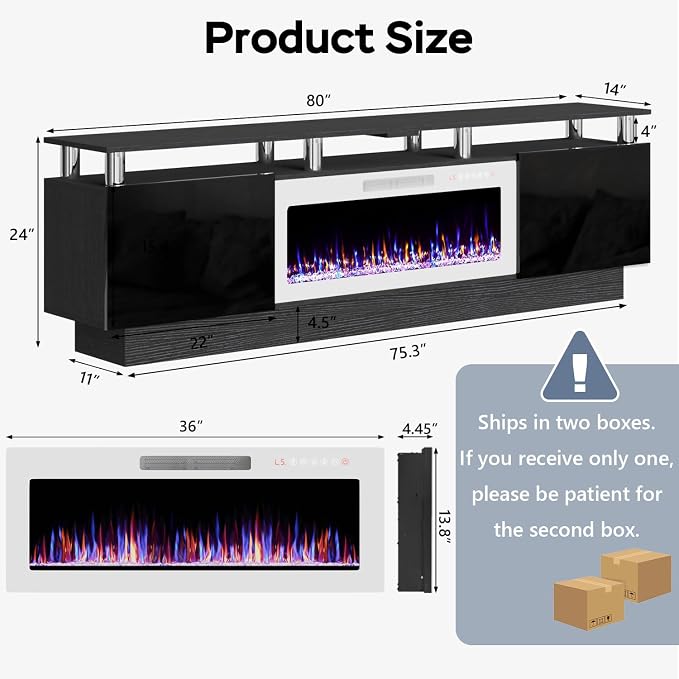 TAVATA 80" Fireplace TV Stand Up to 90" TVs, High Gloss Modern Entertainment Center with Storage, Wood Media Console Cabinet with 36" Fireplace & Open Shelf for Living Room, Black+White - Image 2