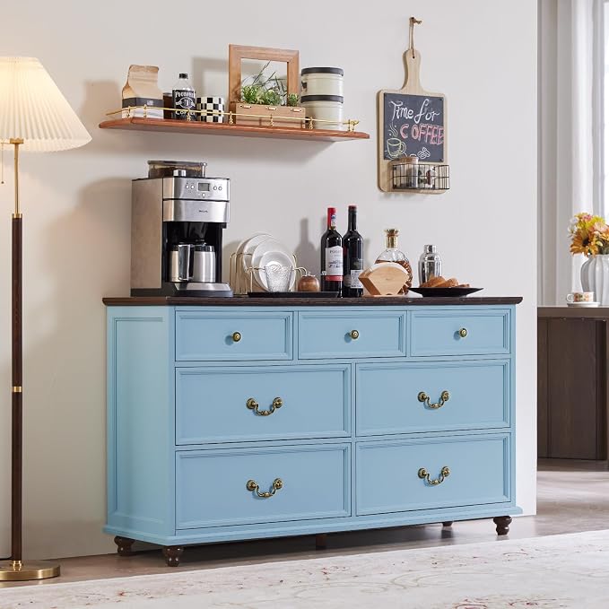 Joaxswe Farmhouse 7 Drawers Dresser for Bedroom, Light Blue 54 Inch Wide Chest of Drawers w/ 4 Wooden Legs, Large Vintage Rustic Closet Dressers for Living Room, Wood TV Stand with Storage Organizer - Image 7