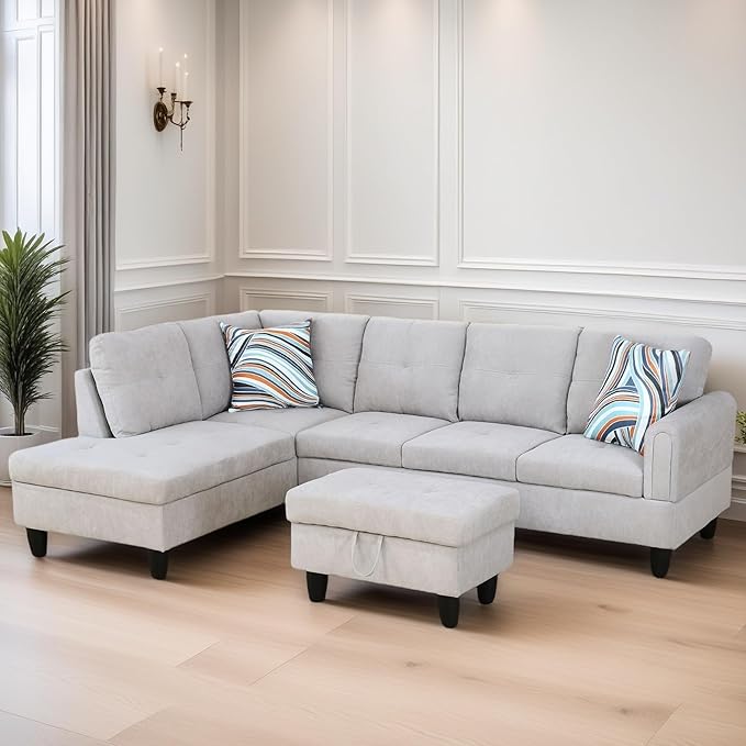 FONTOI L Shaped Sectional Couches for Living Room, Modular Sectional Sofa with Ottoman Storage, Modern Comfy 4 Seat L Shaped Couch with Chaise for Bedroom Apartment Furniture, Gray