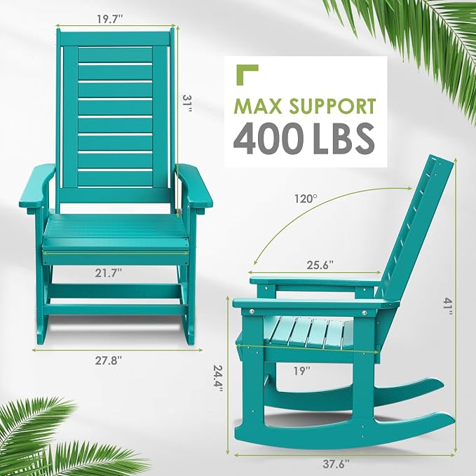 GREENVINES Outdoor Rocking Chairs | Set of 2 | Porch Rocker | HDPE Plastic | Aqua | Oversized Rockers | High Back | Big & Tall | Ladder Back | for Patio Outside Backyard Balcony Garden - Image 3