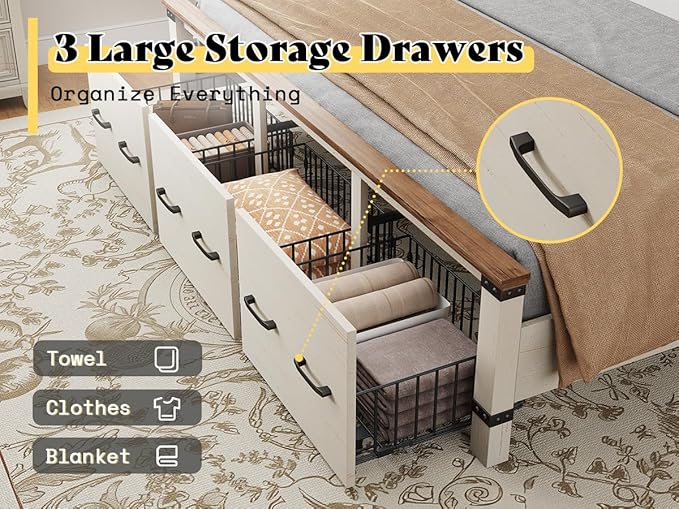 AMERLIFE 2 Pieces Farmhouse Bedroom Set, Includes Wood Rustic King Size Bed Frame with 51" Tall Headboard, 48" Tall 5 Drawers Dresser Chest, Heavy Duty Thick Plank Styling, Antique White