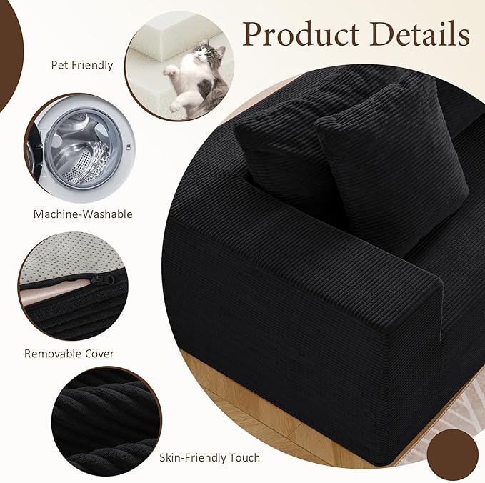 INGEROOM 108" Modular Cloud Sectional Couch with Deep Seat, Boneless Sofa with Movable Ottoman, Plush Corduroy Memory Foam Couch for Living Room, No Assembly, Black