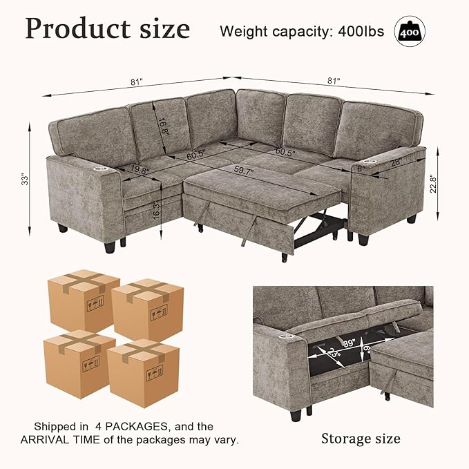 KEIKI 81" L-Shaped Oversized Chenille Modular Sectional Sleeper Sofa with Pull-Out Bed, Storage Seat, Modern 5-Seater Upholstered Couch Bed with Charging Station, Easy Assembly, for Living Room, Brown