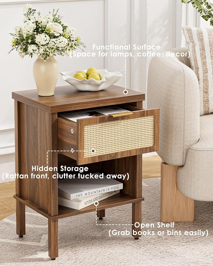 Rattan Nightstand with Drawer and Open Shelf, Boho Side Table with Gold Handle, Small Night Stand, Modern Bedside Table for Bedroom, Walnut - Image 5