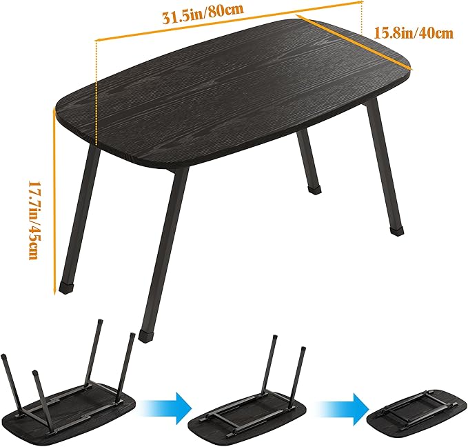 Foldable Coffee Table for Small Spaces,Small Coffee Table Folding,Rectangular Center Table for Living Room, Modern Floor Table,Mid Century Low Tables for Home, Office, Dorm,Easy Assembly,Black