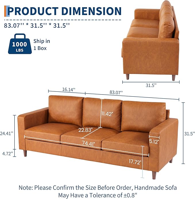 IDEALHOUSE 83" Leather Couch for Living Room, Modern Sofa Couches with Padded Backrest, Upholstered Sofa with Armrests and Comfy Cushions, Deep Seat Sofas for Living Room, Bedroom, Office