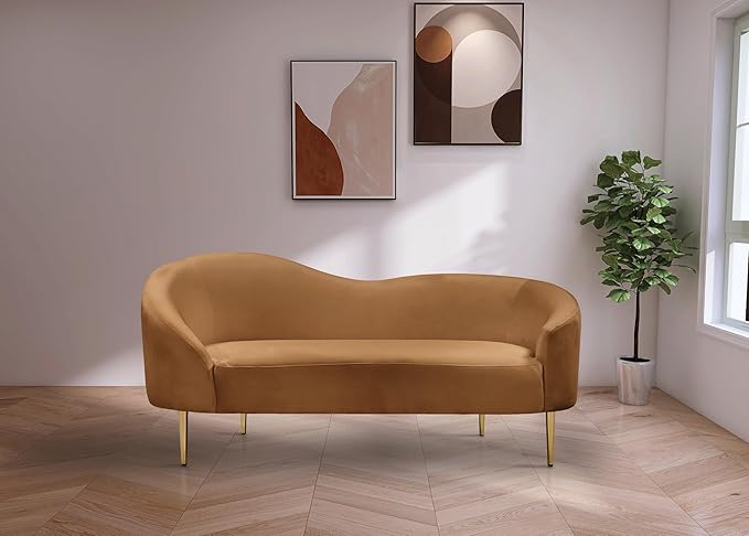 Meridian Furniture 659Saddle-L Ritz Collection Modern | Contemporary Upholstered Loveseat with Rich Saddle Velvet, Gold Metal Legs, Curved Contemporary Design, 67" W x 31.75" D x 30.5" H, Saddle