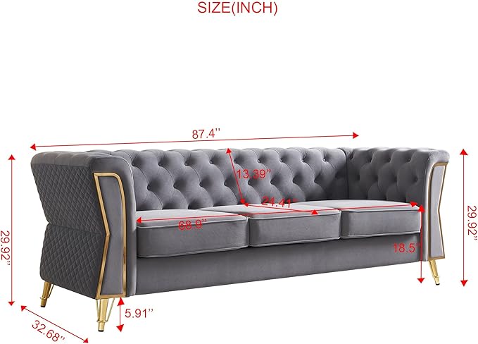 KEIKI 87" Chesterfield Velvet Button Tufted Sofa with High Density Foam Cushions, Modern Style 3-Seater Couch with Gold Strip Trim Decoration, Easy Assembly, for Apartment, Living Room, Office, Grey