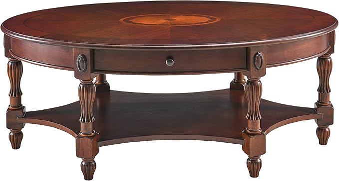 MODERION Solid Wood Coffee Table with Drawer and Storage Shelf, Traditional Living Room Cocktail Tea, Oval Center Carvings Side Vintage 46''Lx 29''Wx18.2''H Cherry Walnut KFZ1533WD-DR