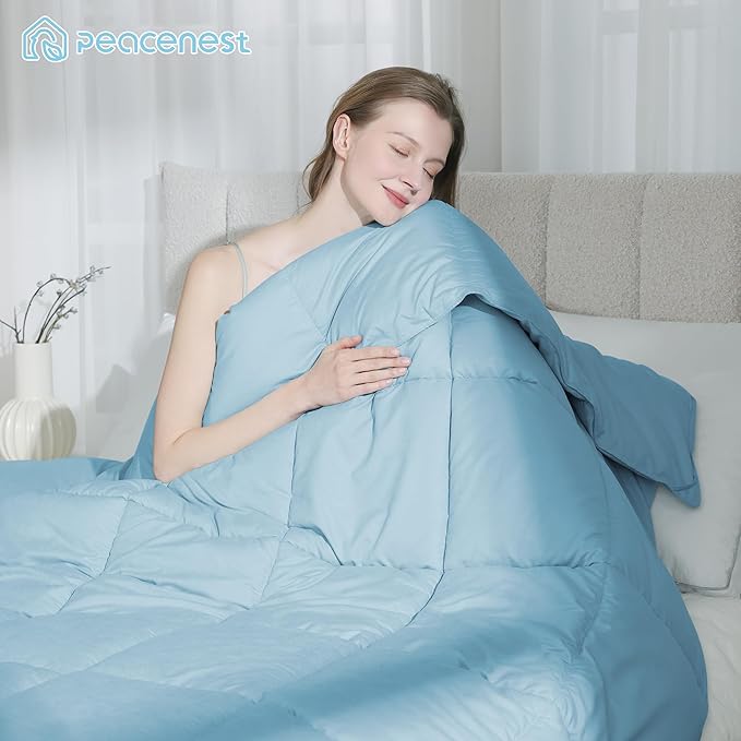 Peace nest Queen Size Goose Feather Fiber and Down Comforter Fluffy Duvet Insert All Season Hotel Luxury Bedding Comforters Soft Medium Warmth 88x88 Inches Blue