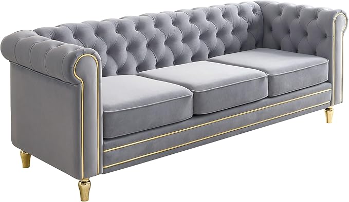 KEIKI 85" Chesterfield Velvet Tufted Button Sofa with Deep Seat Cushions and Rolled Arms, Modern 3-Seater Couch Decorated with Gold Strip, Easy Assembly, for Living Room, Bedroom, Office, Light Grey