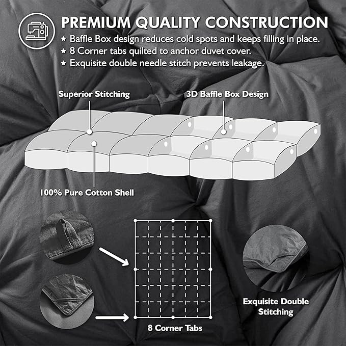 Luxurious Palatial King/Super King Goose Down Comforter, 120 X 90 inches, Unique Gray Pinch Pleat, 600 Thread Count, 100% Egyptian Cotton Cover, 85 Oz Fill Weight, 750 Fill Power