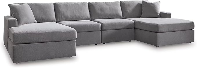 Signature Design by Ashley Modmax Stain Resistant Minimalist Modular Anti Sag 4-Piece Double Chaise Sectional with Reversible Cushions and 2 Accent Pillows, Light Gray