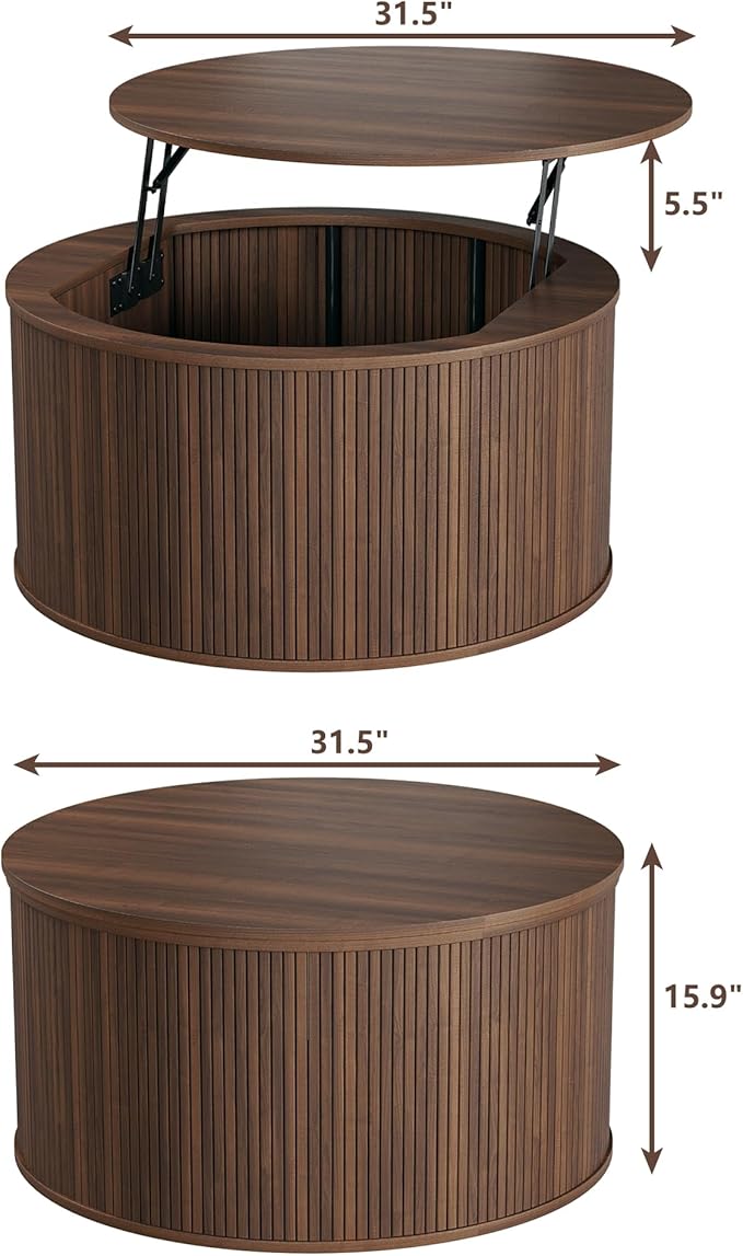 Round Coffee Table with Storage, 31.5" Lift Top Coffee Table, Mid Century Modern Coffee Tables for Living Room, Apartment Office, Fluted Table with Rustic Wood Desktop, Walnut