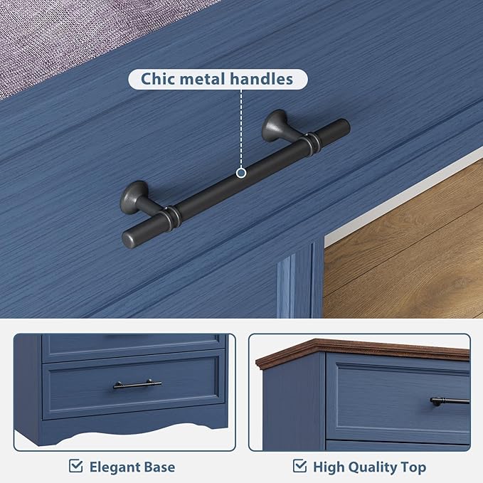 Bedroom Set, 3 Pieces Bedroom Furniture Set, Wood 6 Drawer Dresser and Nightstands with Charging Station, Farmhouse Storage Organizer Cabinet for Bedroom, Blue