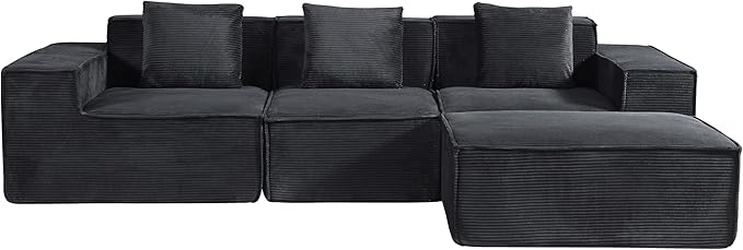 Rowan Convertible Corduroy Sectional Couch with Ottoman & Pillows, Modular L Shaped Sleeper Sofa, Boneless Cloud Couch for Living Room Furniture, Black