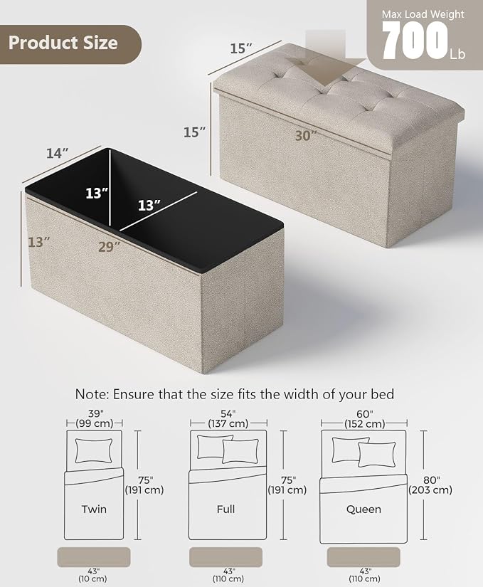 OS MOTOR Storage Ottoman Bench, Folding Ottoman Foot Rest,15 x 30 x 15 Inches,End of Bed Bench,Storage Chest, for Living Room, Bedroom, Hallway, Entryway, Holds up to 600 lb (Sandy-Beige1, 30") - Image 3