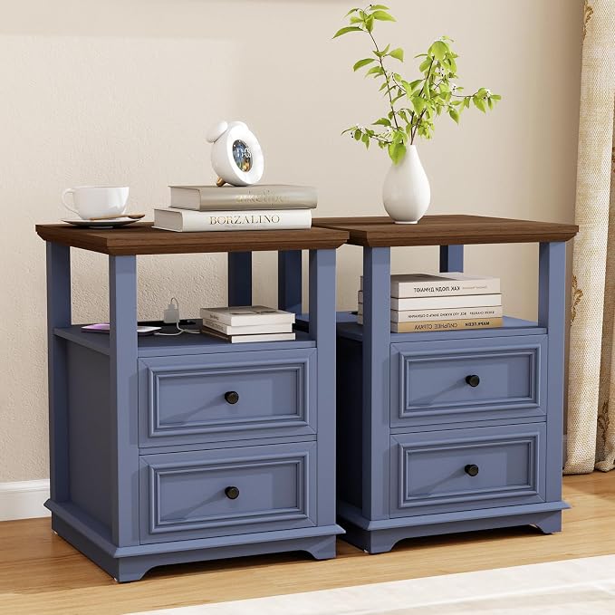 Vipbear Blue Nightstand with Charging Station 18" Navy Farmhouse End Table with Drawers Wood Night Stand Modern Bedside End Table with Open Shelf Storage Space for Bedroom,Living Room,Closet - Image 6