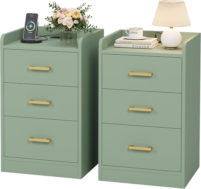 FOTOSOK Nightstands Set of 2 with Charging Station, 3 Drawer Nightstand with Gold Handles, Green Nightstand for Bedroom, Modern Design End Side Table for Home, Office - Image 7