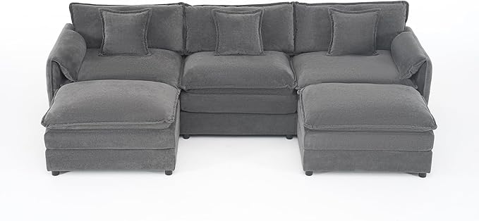 109-Inch U-Shaped Sectional Cloud Sofa Oversized Modular 5 Seaters Sofa Couch with 2 Ottoman Chaise and Pillow Armrest, Chenille Upholstered Convertible Cloud Couch