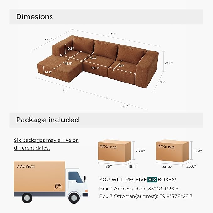 Acanva Oversized Modular Sectional Sofa with Removable Washable Slipcovers, Modern Low Profile Deep Seat Couch for Living Room, Chenille-Tangerine, 3 Armless Chairs & 3 Armrests/Ottomans