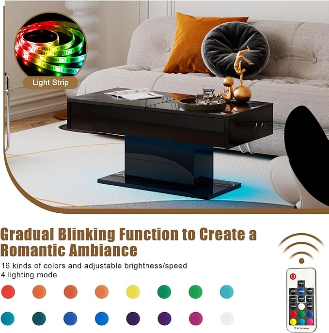 Black Modern Coffee Table with Hidden Storage for Living Room, Living Room Table Rectangular Center Tables Sliding Top with LED Lights, Wooden Cocktail Table for Reception Room