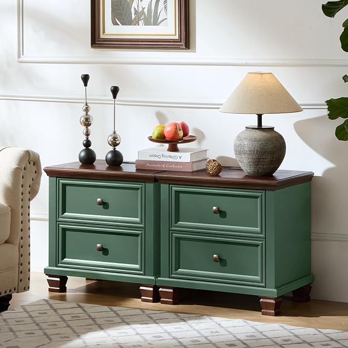 SAVOR LIFE Farmhouse Nightstand with Charging Station, Rustic Low Night Stand with 2 Drawers, Mid-century Modern End Table with 4 Square Solid Wood Legs, Small Vintage Dresser for Bedroom, Home, Green - Image 6