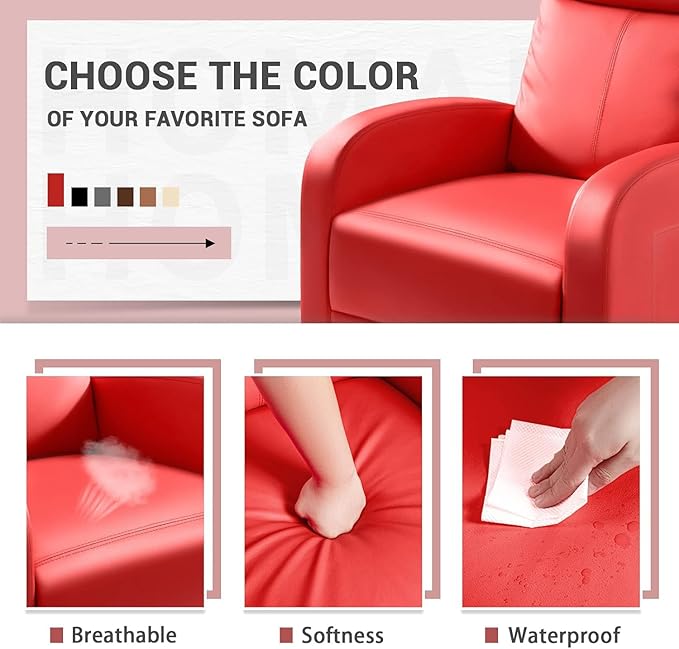 Homall Recliner Chair, Recliner Sofa for Adults, Recliners Home Theater Seating with Lumbar Support, Reclining Sofa Chair for Living Room (Leather, Red)