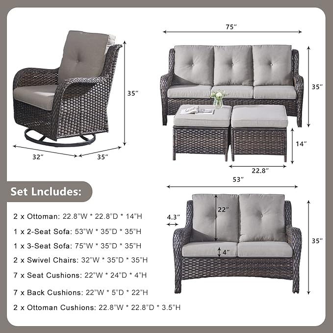 Rilyson Wicker Patio Furniture Set - 6 Piece Rattan Outdoor Sectional Conversation Sets with 2 Rocking Swivel Chairs,2 Ottomans,1 Sofa and 1 Loveseat for Porch Deck Garden(Brown/Grey)