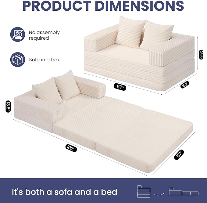 Convertible Sofa Bed, 4-in-1 Boneless Loveseat with Removable Armrests Backrest, Corduroy Futon Couch Bed with Pillow, Foldable Mattress Sleeper Sofa for Living Room Bedroom Small Place (Beige)