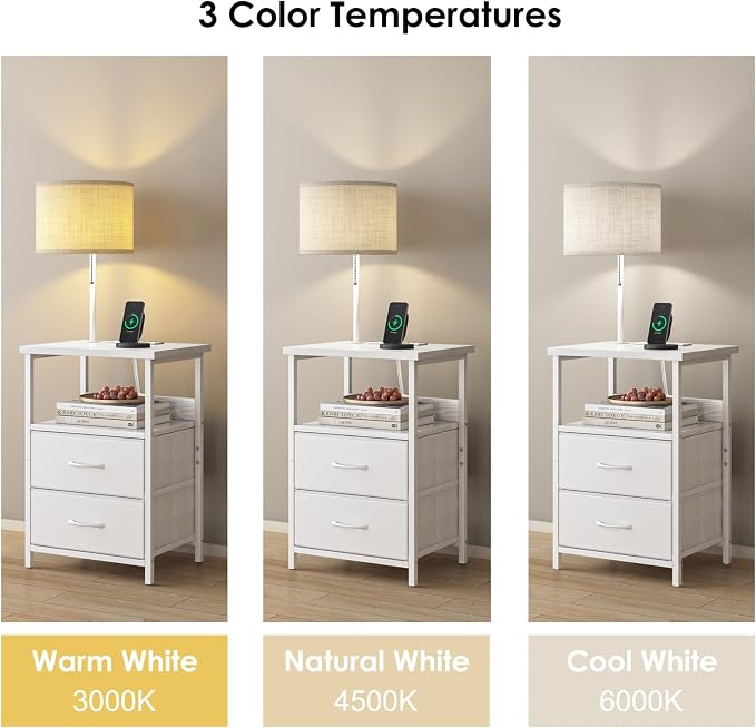 Fixwal Night Stand with 3 Color Temperature Bulb Attached, Nightstand with Light & Charging Station End Table with Fabric Drawer for Bedroom, Dorm, White - Image 5