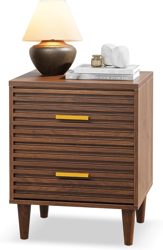 Alohappy Nightstand, Mid Century Modern Night Stands, Fluted Bedside Table for Bedroom, End Table with Storage Drawers, Vintage Bed Side Table Wood Accent Table for Living Room, Brown 1pc by Alohappy