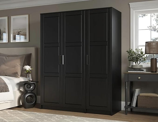 Palace Imports Solid Wood Urban 3-Door Wardrobe Armoire with Raised Panel Doors – Black Classic Bedroom Closet Storage, 56.5" W x 72" H x 21.75" D, Eco-Friendly Pine, Made in Brazil