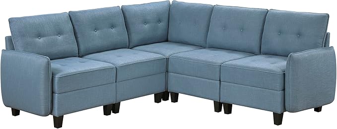 Lexicon L Shape Sectional Couch with Hidden Storage, Textured Fabric Modular Sectional Sofa with Button-Tufted Design, Reversible Back Cushion, 5 Seater Large Sofa, Blue