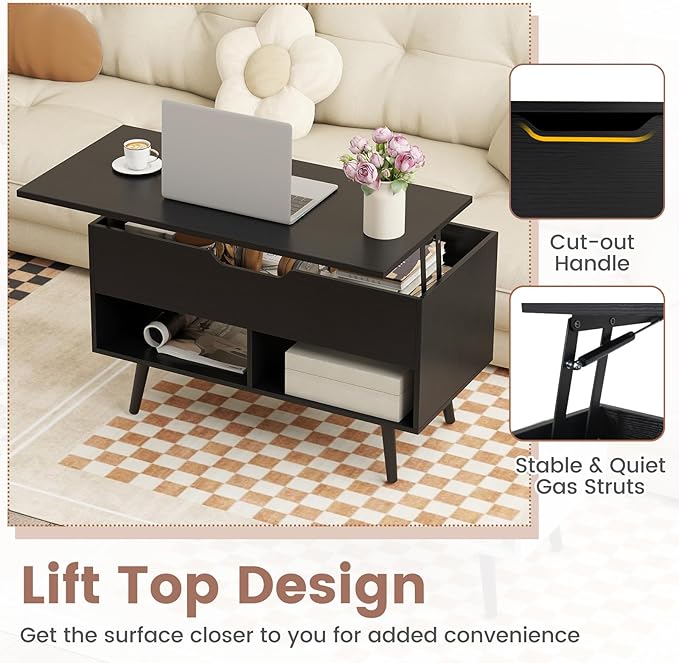 Tangkula Lift Top Coffee Table, Modern Cocktail Table with Hidden Compartment & 2 Open Shelves, Flip Top Center Table, Wooden Pull up Coffee Table for Living Room, Reception Room, Office (Black)