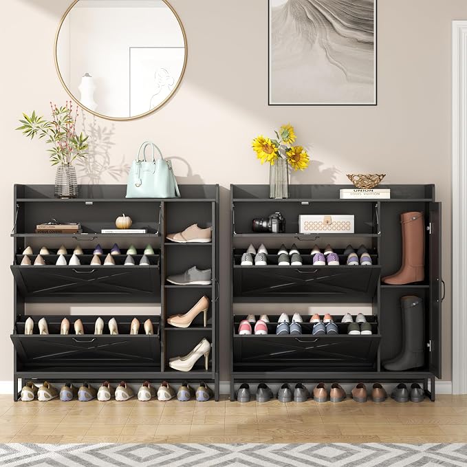 Auromie Free Standing Shoe Organizer with 2 Flip Drawers and Side Cabinet, Entryway Narrow Shoe Storage with Door for Hallway and Living Room (Black Plus) - Image 7