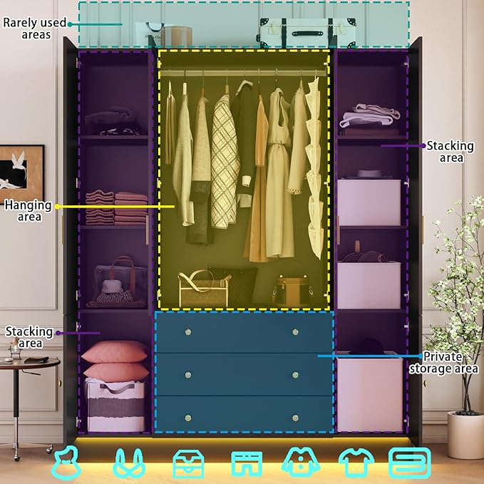 4 Doors Mirrored Wardrobe Armoire Closet with Drawers, LED Armoire Storage Cabinet with Adjustable Shelves & Hanging Rod, 74.8" H Freestanding Clothing Storage Cabinet for Bedroom, Black