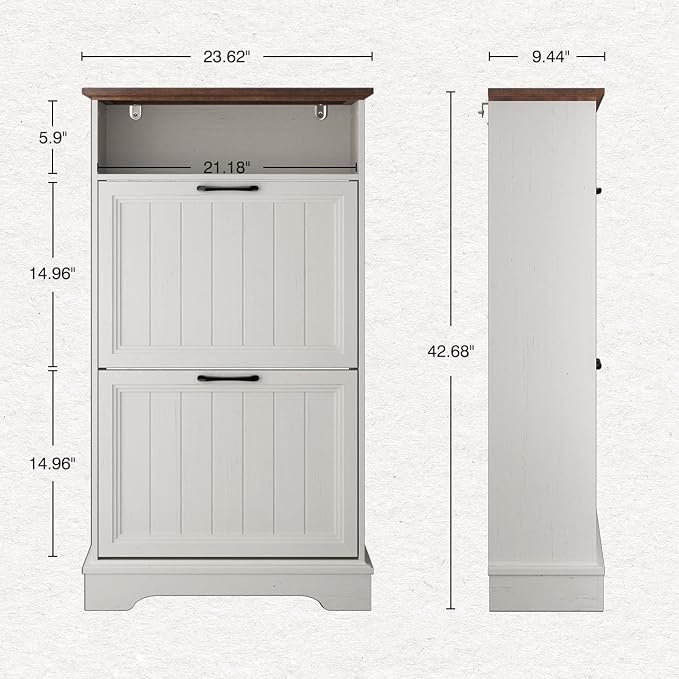 Shoe Storage Cabinet with 2 Flip Drawers, 24" W Farmhouse Modern Hidden Shoes Rack Cabinet with Adjustable Shelves & Open Storage, Narrow Slim Shoe Organizer for Entryway, Hallway, Antique White - Image 2