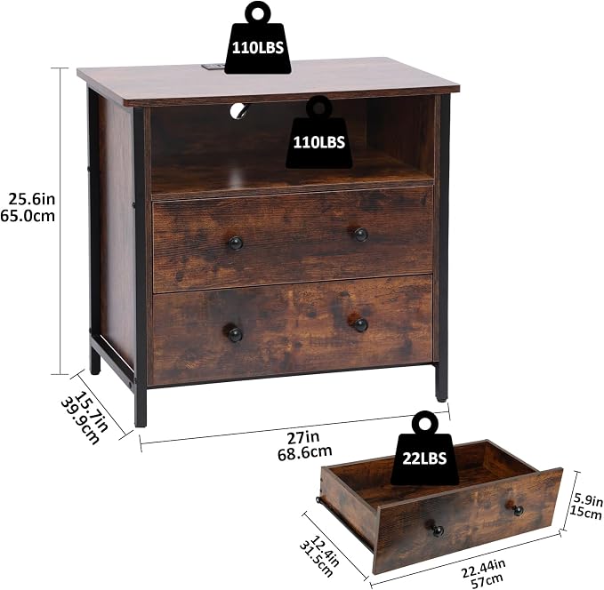 27 Inch Wide Night Stand, Large Wood Night Stand with 2 Drawers, LED Nightstand with Charging Station and Adjustable Drawer, Bedside Table for Living Room/Bedroom/Study/Office, Retro. - Image 2
