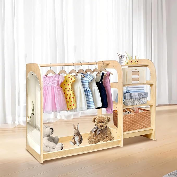 homegroove Kids Dress Up Storage with Mirror, 31.5 Inch Kids Wardrobe Closet with Storage Shelf for Little Girls and Boys, Wooden Costume Organizer for Bedroom Classroom Playroom Furniture