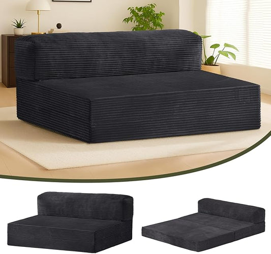 6-inch Folding Mattress Convertible Sofa Bed, Foldable Floor Mattress Sleeping Couch with Removable Corduroy Cover & Carry Handles, High-Density Foam Guest Bed Mattress (Black, Queen)