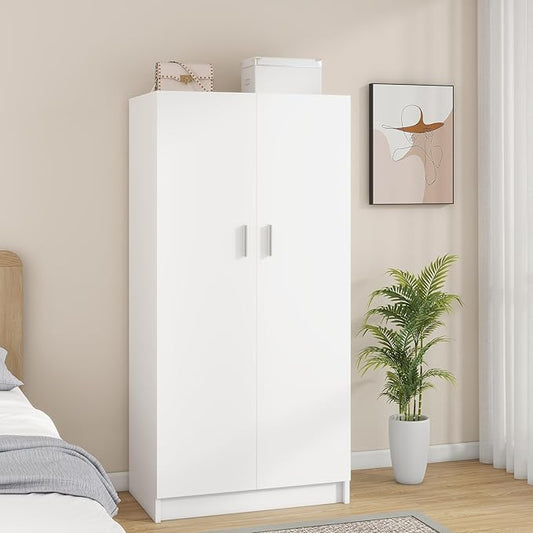 Panana 2 Door Wardrobe Closet Bedroom Armoires with 2 Shelves Storage, Hanging Rail for Bedroom (White)