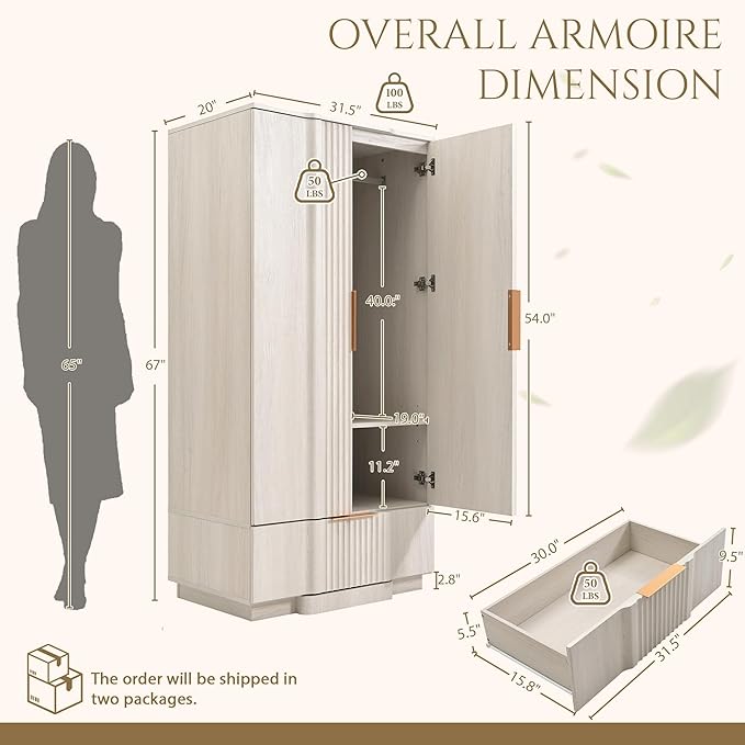 Yechen 67" Fluted Armoire Wardrobe Closet with Doors and Drawer, Wooden Wardrobe Cabinet with Adjustable Shelve, Modern Small Armoires for Hanging Clothes Coats for Bedroom, White Grey