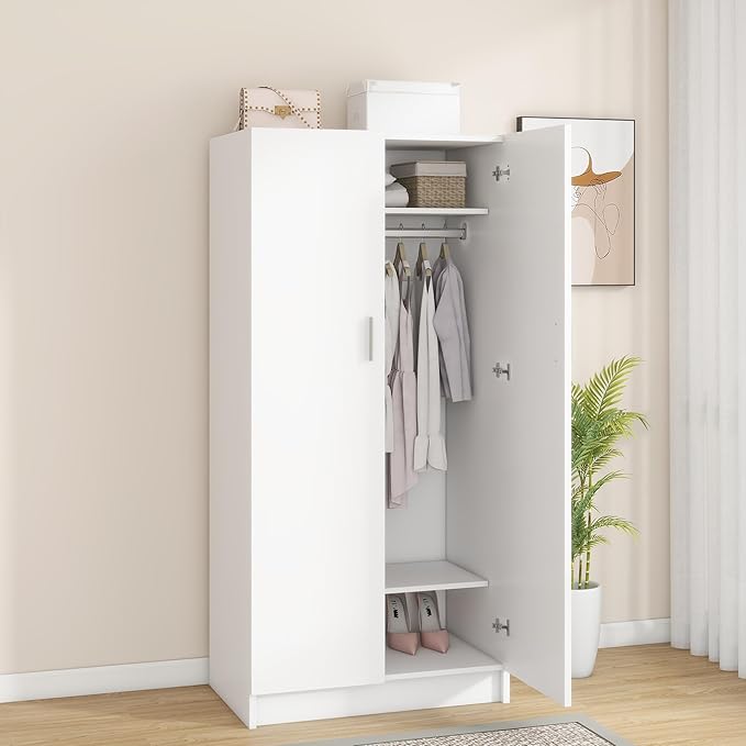 Panana 2 Door Wardrobe Closet Bedroom Armoires with 2 Shelves Storage, Hanging Rail for Bedroom (White)